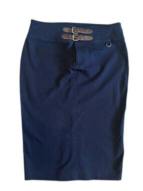 Ralph Lauren Navy Pencil Skirt with Brown and Bronze Buckle Detail, Size 8